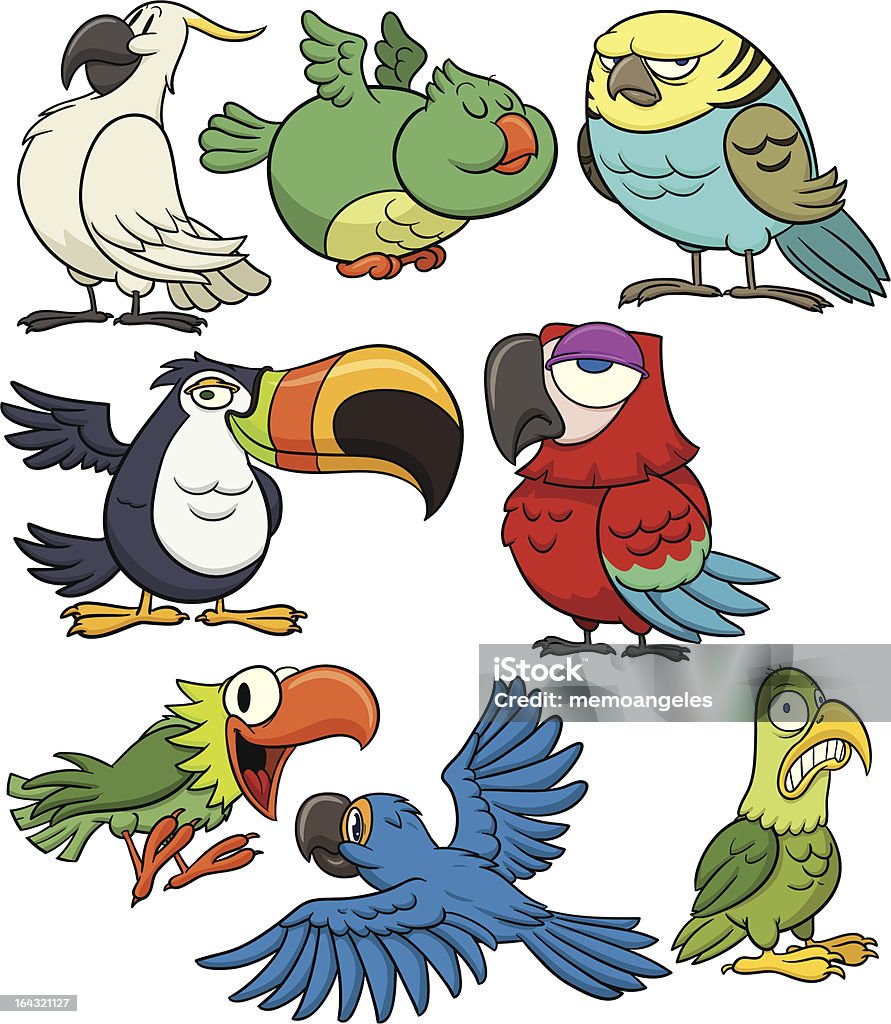 Tropical birds 8 cartoon tropical birds. All in separate layers for easy editing. Parrot stock vector