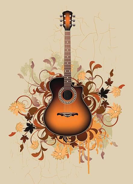 Dirty abstract with orange acoustic guitar vector art illustration