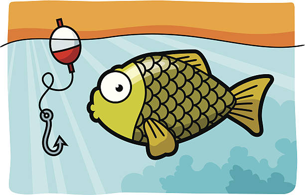 Carp and fishing hook Vector cartoon illustration of scared carp swimming around fishing hook. cartoon fishing hook stock illustrations