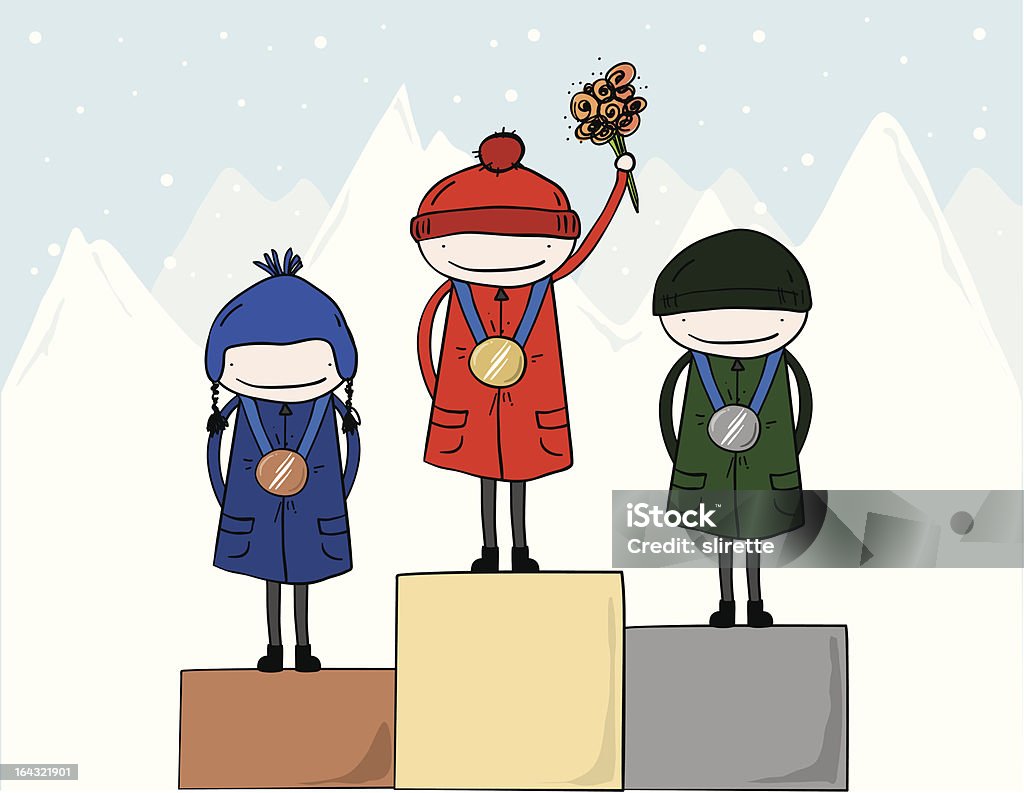 Winter Medal Winners "Gold, SIlver and Bronze medal winners at the winter olympics standing on the podiums with snow covered mountains in the background." Athlete stock vector