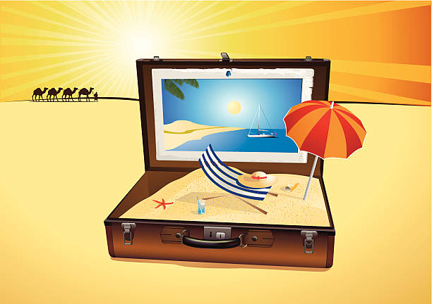 Travel suitcase with wonderful beach inside vector art illustration