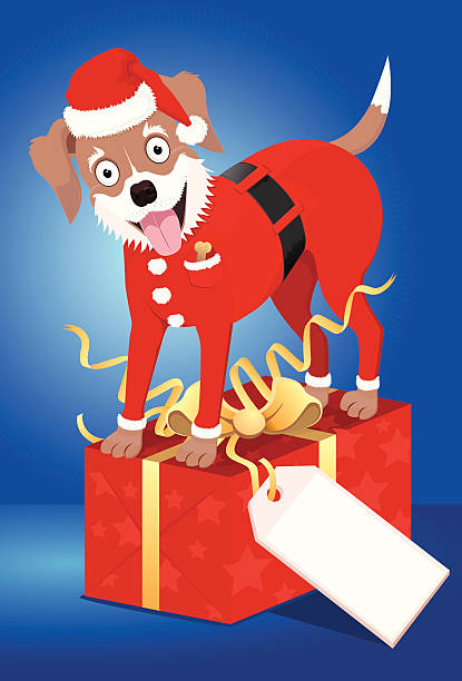 Happy dog dressed as santa standing on a present vector art illustration