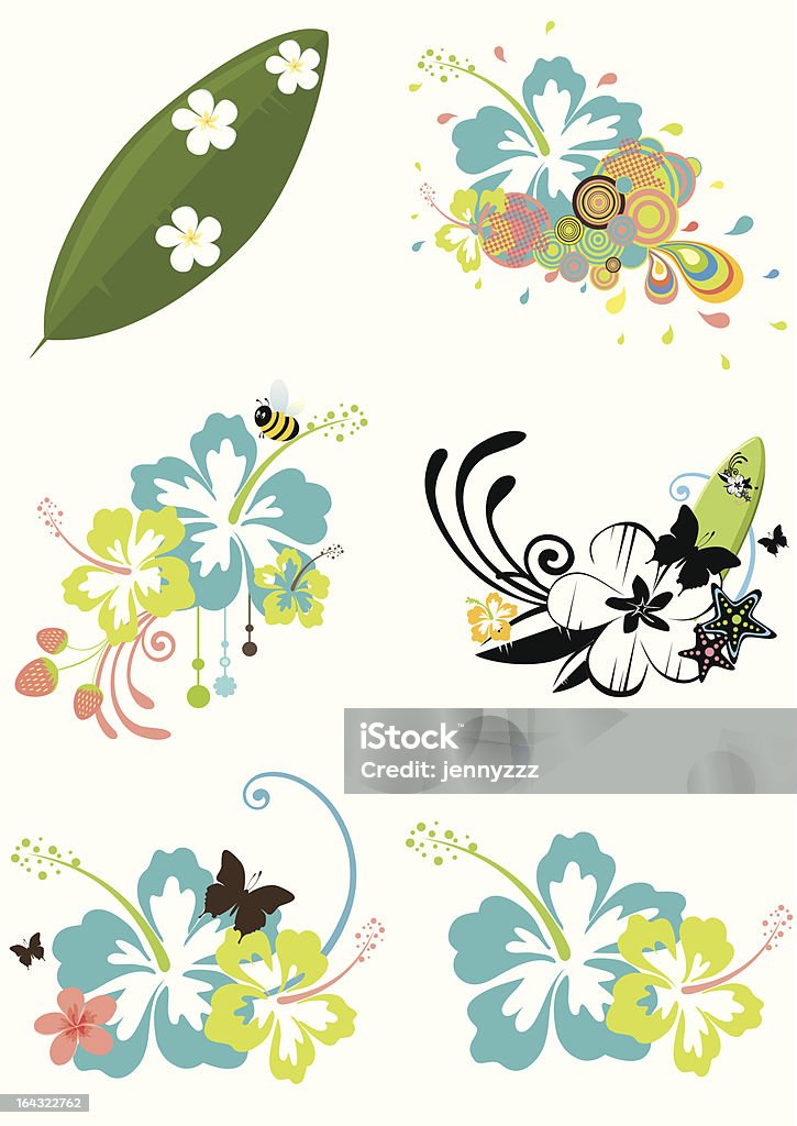 Six éléments de design de fleurs hawaïen sur le thème été - clipart vectoriel de Abeille libre de droits