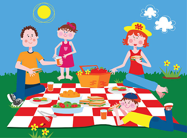 Cartoon of family picnicking outside on checker blanket vector art illustration