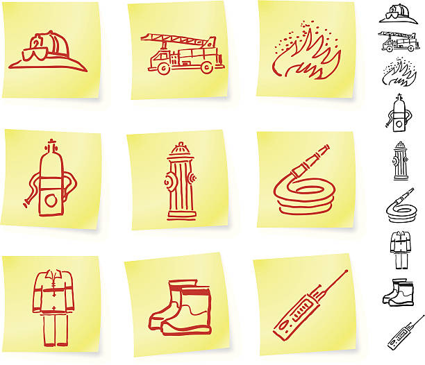 fireman equipment on post it vector art illustration