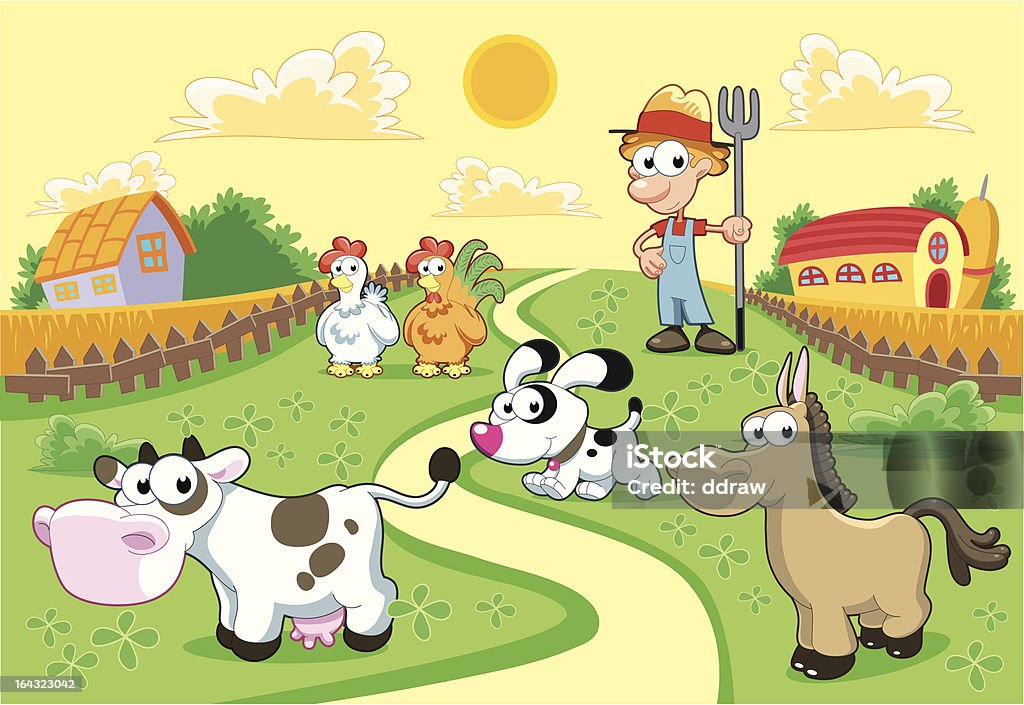 Farm Family with background. Farm Family with background. Funny cartoon and vector illustration. Cow stock vector