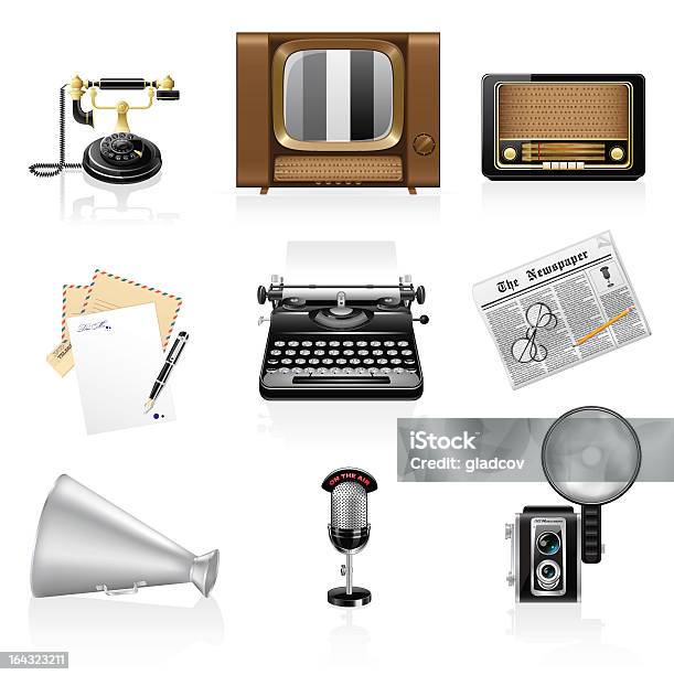 Ilustración de Iconos De Comunicación Retro y más Vectores Libres de Derechos de Blanco - Color - Blanco - Color, Botón pulsador, Color negro
