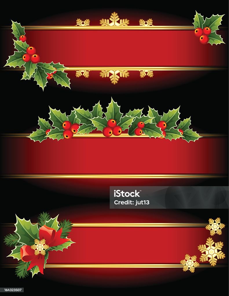 Three Christmas themed background with leaves and snowflakes Vector illustration - red and gold  Christmas banners Abstract stock vector