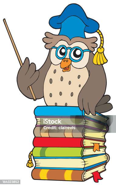Wise Owl Teacher On Books Stock Illustration - Download Image Now - Abstract, Animal, Animal Body Part