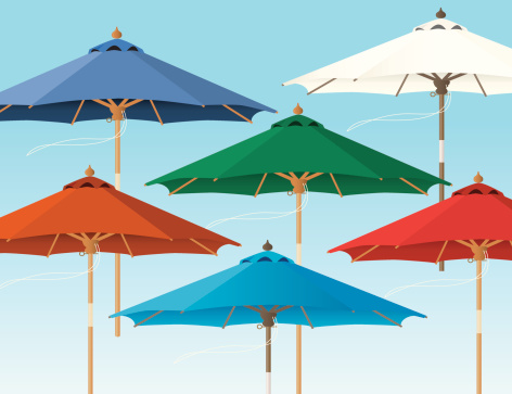 Sky full of colorful market umbrellas; All umbrellas are whole and can be used separately from the background. Easy to change colors