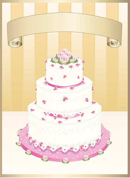 Wedding cake with golden scroll vector art illustration