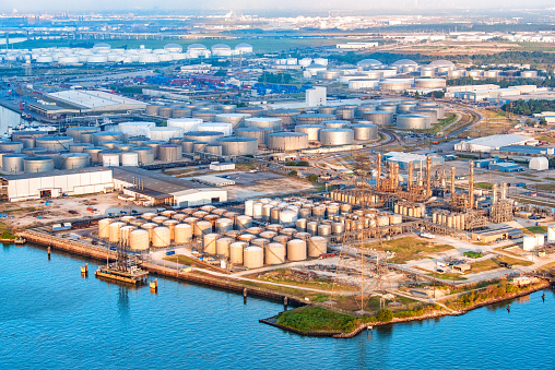 A large refinery and fuel transfer station along the Houston Ship Channel shot from a helicopter at an altitude of about 500 feet.