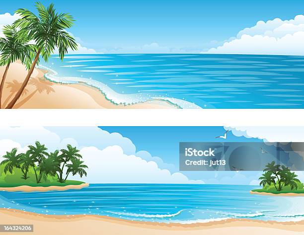 Two Illustrated Tropical Landscapes Stock Illustration - Download Image Now - Backgrounds, Bay of Water, Beach
