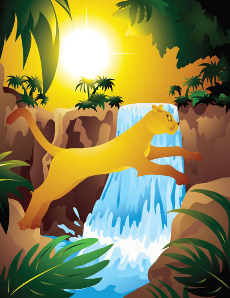 lioness_in_jungle - waterfall river tropical rainforest vector点のイラスト素材／クリップアート素材／マンガ素材／アイコン素材