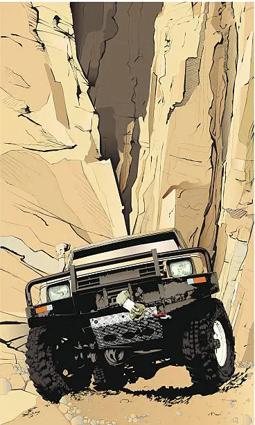 Vector illustration of A make believe drawing of a jeep in the Rockies