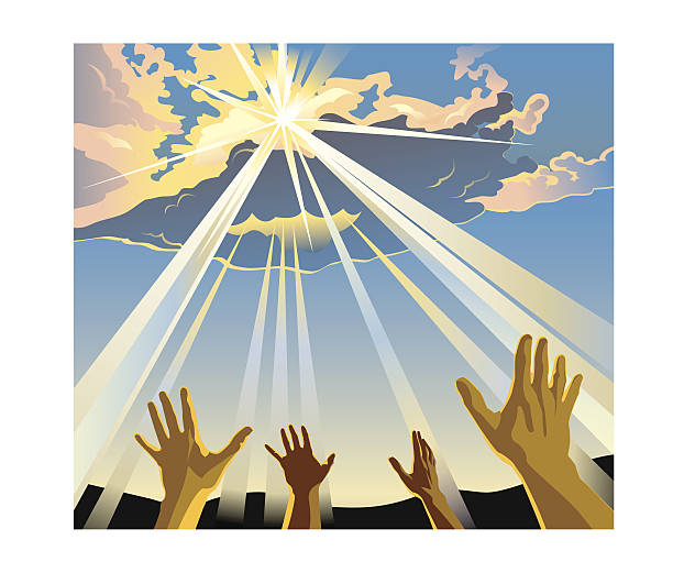 Hands raised to the sky in worship Illustration of hands raised to the heavens as the sun pierces through the clouds. praise and worship stock illustrations