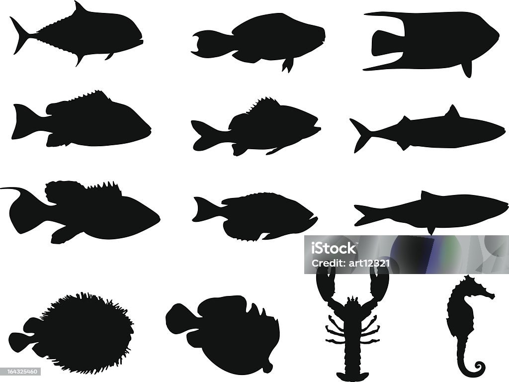 Silhuetas de peixes e vida marinha; feito no Adobe Illustrator - Vetor de Peixe royalty-free