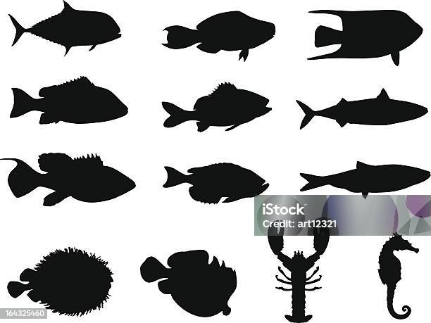 Vetores de Silhuetas De Peixes E Vida Marinha Feito No Adobe Illustrator e mais imagens de Peixe