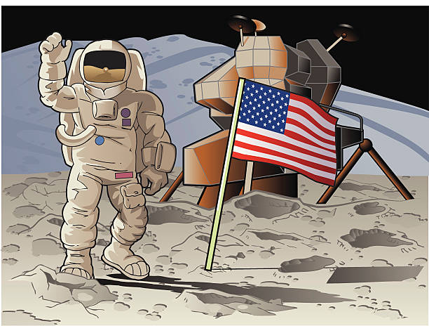 Moon Landing with American Flag Illustration of Neil Armstrong's famous moon landing lunar module stock illustrations