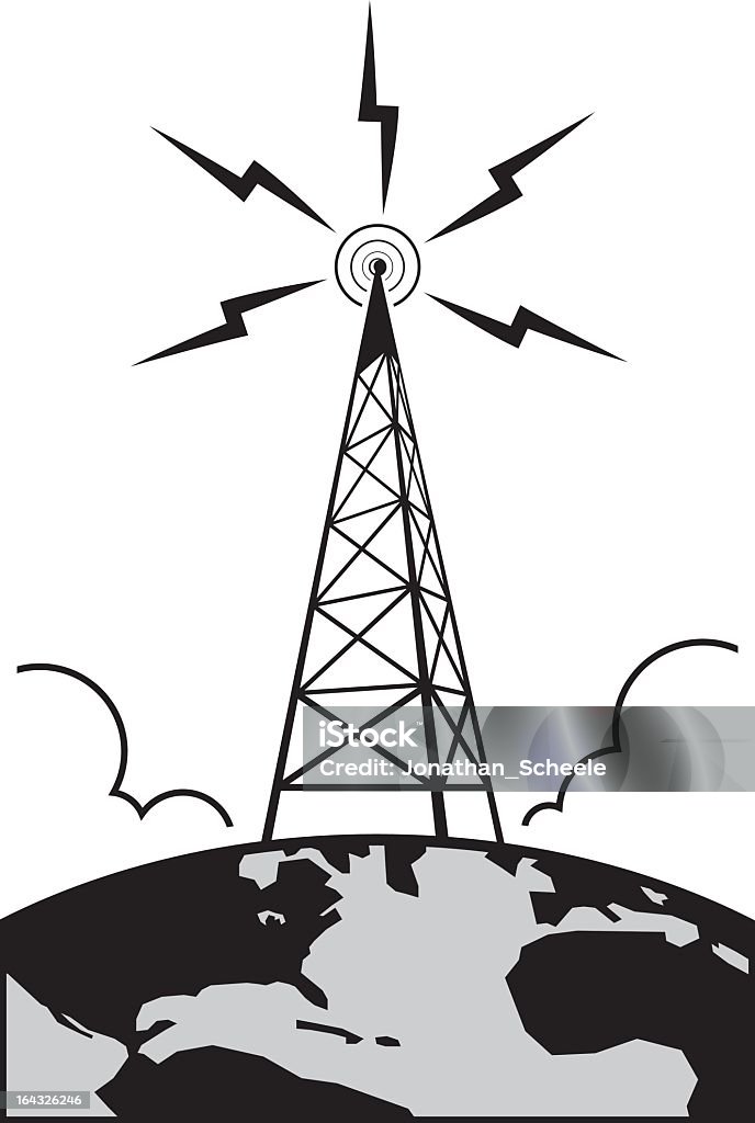 Graphic of radio tower with waves Radio Tower atop Earth sending out a communication signal. Communications Tower stock vector