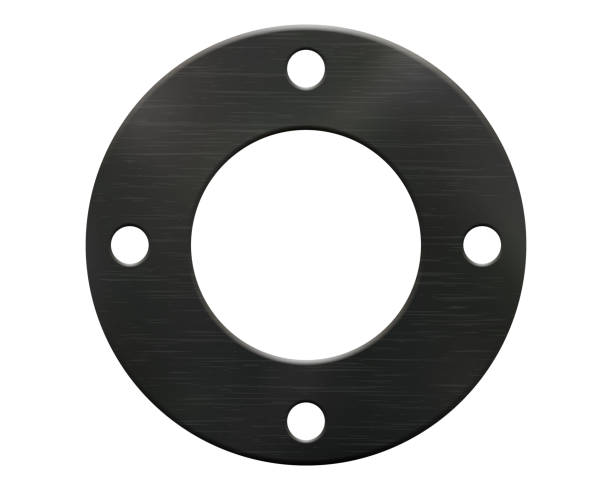 Round black rubber gasket with a four small and one large circular holes and texture Round black rubber gasket with a four small and one large circular holes and texture. Insulation of pipelines and cars in flanged connections pvc flange stock illustrations