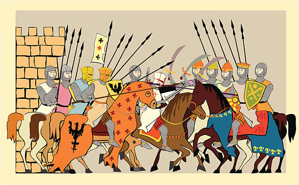 Battles of the crusades "Fall of Acre 1291, vector, illustration" norman style stock illustrations