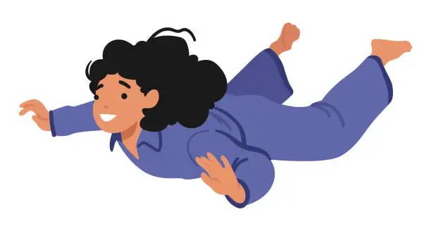 Vector illustration of Little Child Girl Character In Pajamas Soaring Through The Sky, Embracing Freedom Of Flight. Joyful Innocence