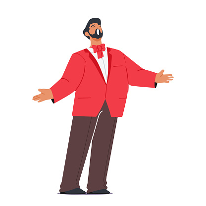 Male Opera Artist Character With Powerful Vocals, Captivating Stage Presence, And A Range That Effortlessly Spans High Notes And Deep Tones. Famous Classical Singer. Cartoon People Vector Illustration