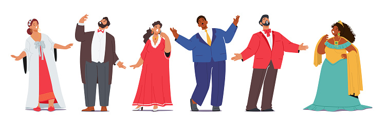 Opera Artists Characters Captivate With Powerful Vocals And Dramatic Performances. Their Emotive Expressions And Impressive Range Bring Timeless Stories To Life On Stage. Cartoon Vector Illustration