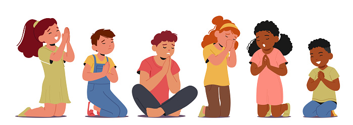Children Boys and Girls Characters In Peaceful Prayer, Eyes Closed, Hands Folded. Innocent Expressions Convey Faith And Hope, Creating Heartwarming And Serene Scene. Cartoon People Vector Illustration