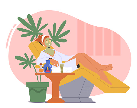 Serene Woman Indulges In Self-care At Spa, Applying Face Mask While Reclining On Chair. Pampering Session At Care Of Skin Promotes Relaxation And Rejuvenation. Cartoon People Vector Illustration