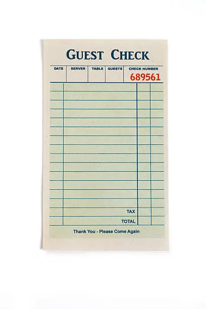 Blank Guest Check, concept of restaurant expense.