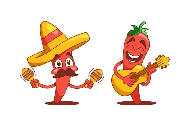 Vector illustration of Cartoon Hot Chili Peppers, Mexican Mariachi Characters Are Vibrant, Spicy Performers With Colorful Sombrero, Vector