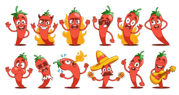 ilustrações de stock, clip art, desenhos animados e ícones de cartoon hot pepper characters set. whimsical and vibrant red chili or jalapeno personages with expressive faces - chili pepper illustrations