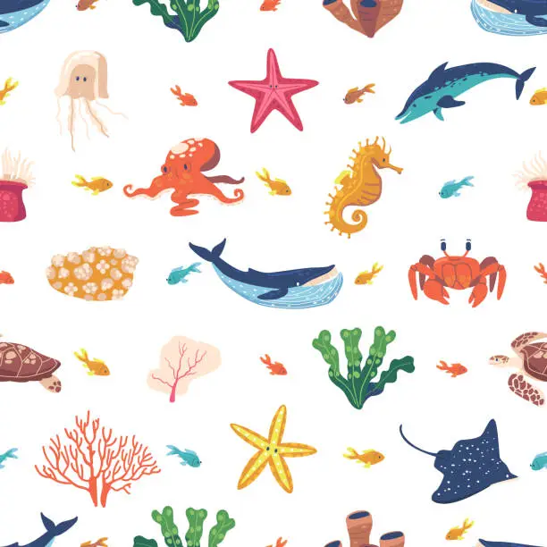 Vector illustration of Vibrant Seamless Pattern Featuring A Variety Of Sea Animals, Such As Dolphins, Turtles, And Fish, Vector Illustration