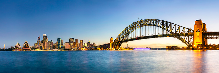 The Sydney skyline with the Sydney Opera House and Sydney Harbour Bridge on dusk as a wide angle panoramic
