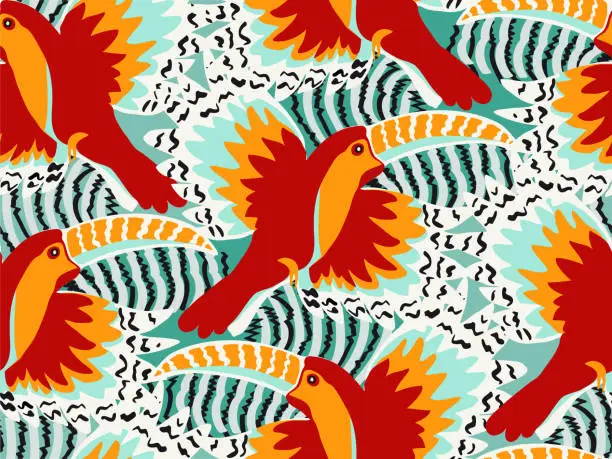 Vector illustration of Tropical pattern with cute and colorful tropical birds.