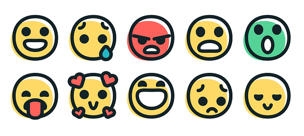 Vector illustration of a collection of 10 essential emoticons in line art and color style. Cut out design elements on a transparent background on the vector file.