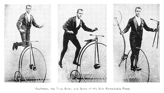 Nicholas Kaufmann doing stunt tricks on a monocycle (bicycle). Photo engraving published 1896. Original edition is from my own archives. Copyright has expired and is in Public Domain.