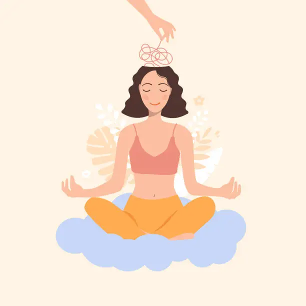 Vector illustration of Mental health concept. The girl sits on a cloud and meditates