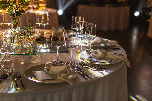 Table setting for event. Catering. Wedding table. Empty glasses