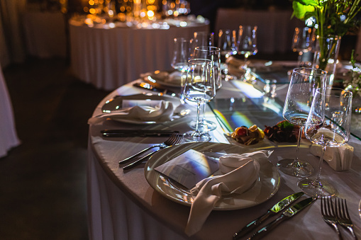 Table setting for event. Catering. Wedding table. Empty glasses