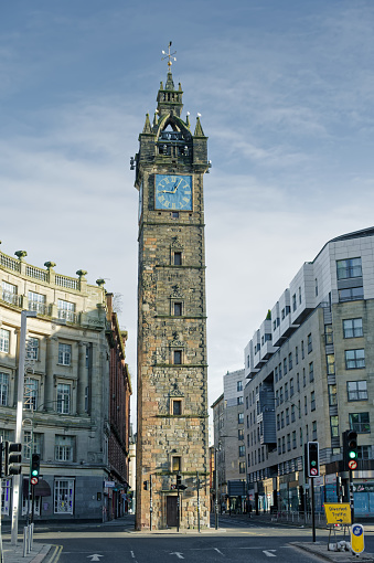 Glasgow, Scotland, Uk, March 5th 2023, Tolbooth Clock Steeple Tower in Merchant City area of Glasgow