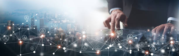 istock Digital marketing, internet global network, customer connection. Businessman using digital tablet connecting with customer for global business, social network, human recruitment, business team building 1643387847
