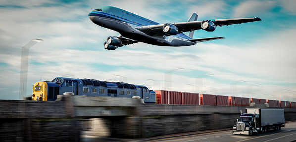 Transport train with planes and à¸merican style truck on freeway pulling load. Transportation theme. 3D illustration