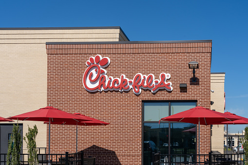 Pearland, Texas, USA - March 1, 2022: A Chick-fil-A restaurant  in Pearland, Texas, USA. Chick-fil-A is one of the largest American fast food restaurant chains.