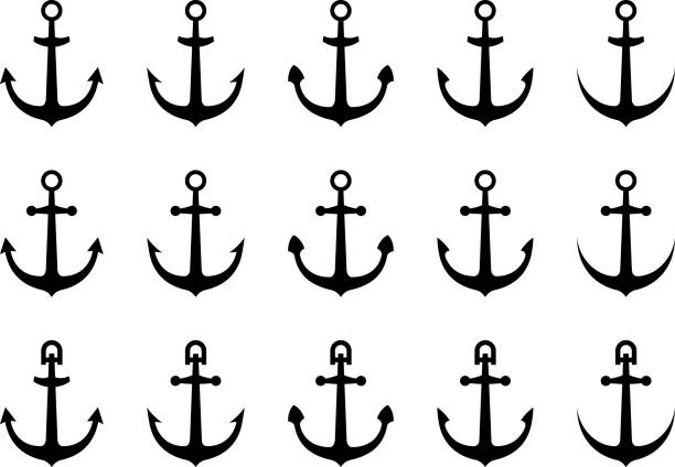 흑백 앵커의 벡터 그림 세트 - anchor harbor vector symbol stock illustrations