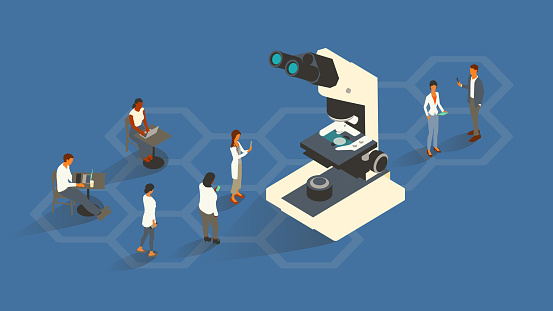 A group of healthcare professionals gather around an oversized microscope to illustrate the concept of analysis. Diverse men and women use digital devices. Isometric vector presented in a 16x9 artboard, over a blue background and a hexagonal honeycomb pattern.