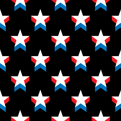 Vector seamless pattern of red , white and blue stars on a square black background.