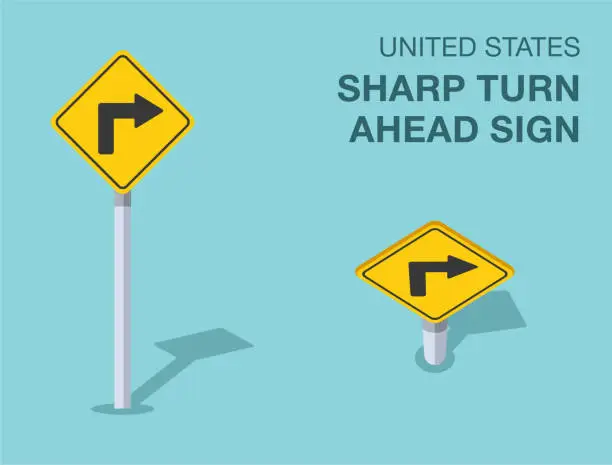 Vector illustration of Traffic regulation rules. Isolated United States sharp turn ahead sign. Front and top view. Vector illustration template.